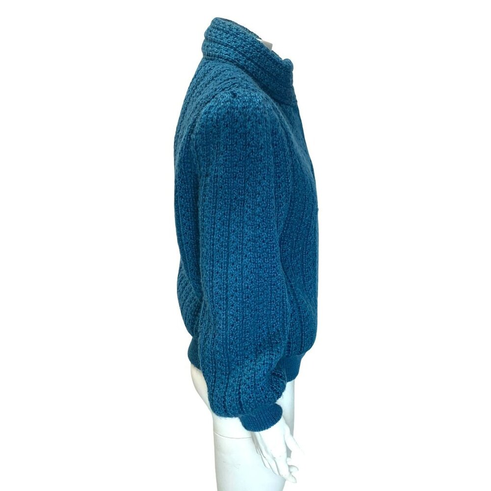 Vintage 70's Retro Knit Jacket Puff Sleeves Mock Neck Scoop Teal Blue Large - Picture 2 of 8
